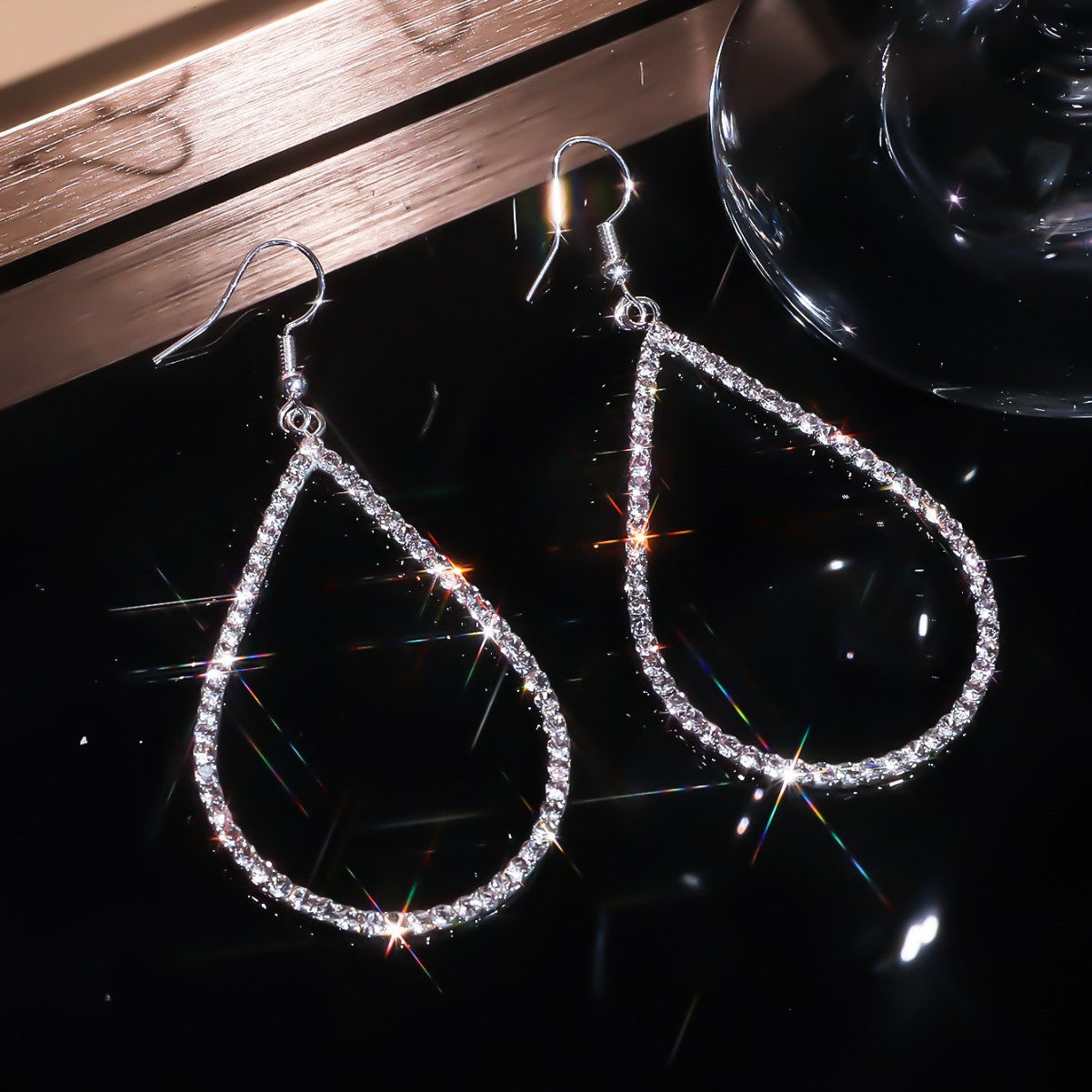 Choka, exquisite luxury shiny rhinestone long earrings geometric hollow water drop ear hook women, high quality copper earrings