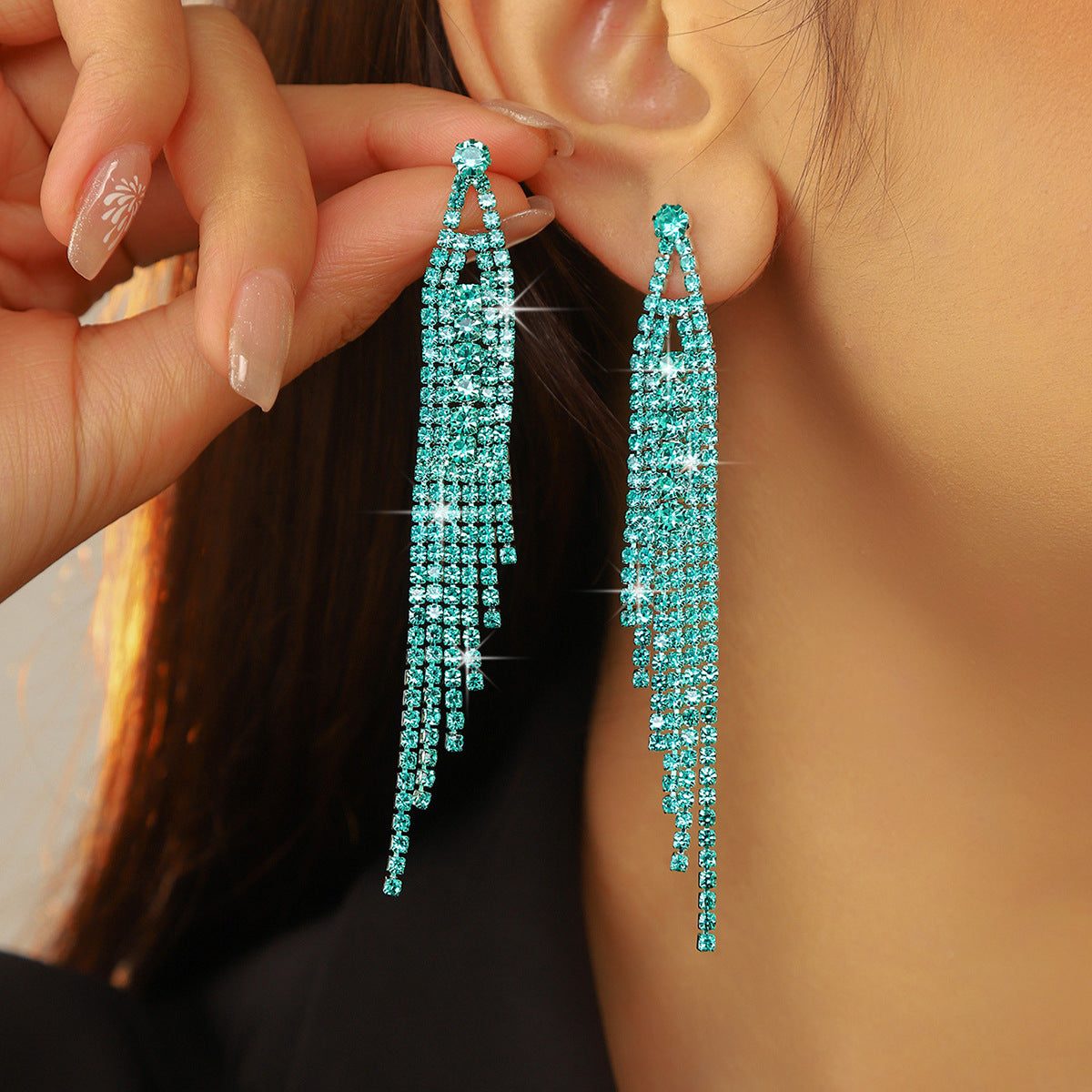Choka Fashion Full Diamond Long Fringed Earrings Women's Temperament Rhinestone Earrings Ear Jewelry Earrings