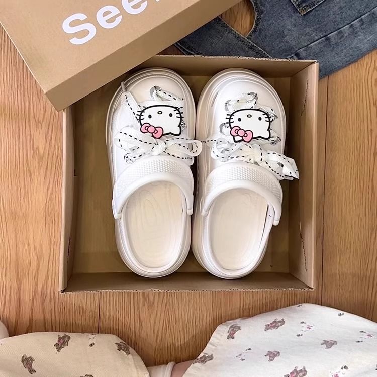 Cute cartoon Hello Kitty hole shoes women's summer new thick-soled muffin bottom sweet strap bag head slippers