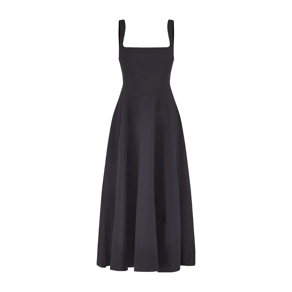 Cross-border French square collar slim-fitting long dress European and American summer simple fashion casual sleeveless suspender dress women