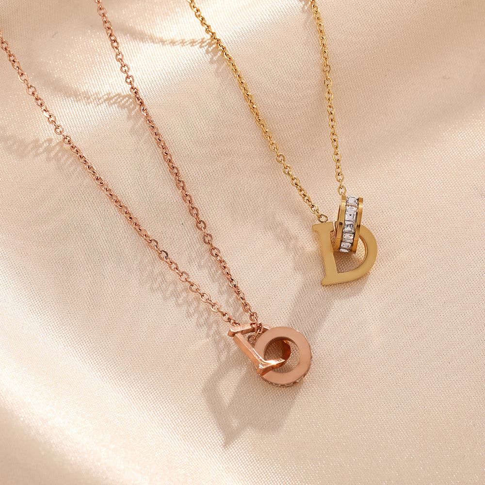 European and American ins titanium steel necklace women's D letter circle pendant light luxury temperament cold wind collarbone chain jewelry does not fade