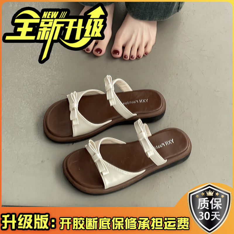 Bow flat-bottomed slippers for women's summer outer wear new fashionable versatile open-toe double with cool slippers wholesale