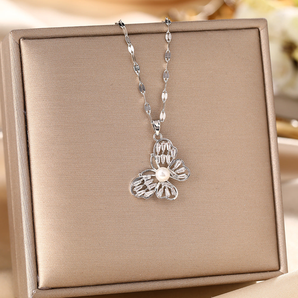 Pearl butterfly titanium steel necklace slightly inlaid with diamonds, exquisite versatile zircon light luxury, diamond-inlaid women do not fade collarbone chain