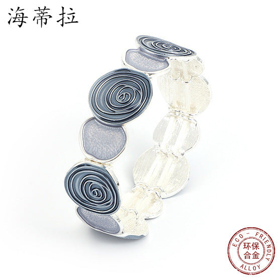 New round rose oil environmentally friendly alloy bracelet, artificial color oil elastic adjustable bracelet