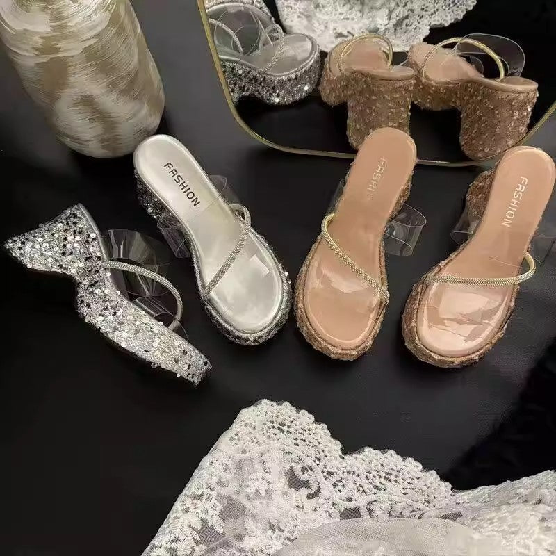 Thick-bottomed wedge slippers women's new summer outer wear fashion sequins transparent one-word set toe high-heeled sandals women