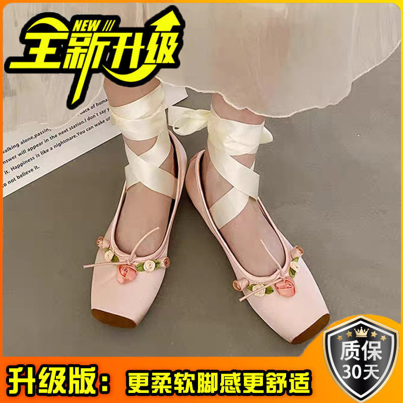 Ballet shoes single beanie shoes women's spring new flat temperament socialite wear square head Mary Jane shoes bridesmaid