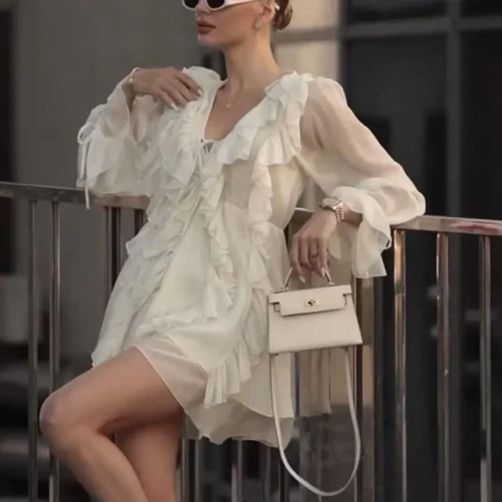 Chiffon long-sleeved dress European and American spring new lantern sleeve lace-up short skirt ruffle leaf edge dress