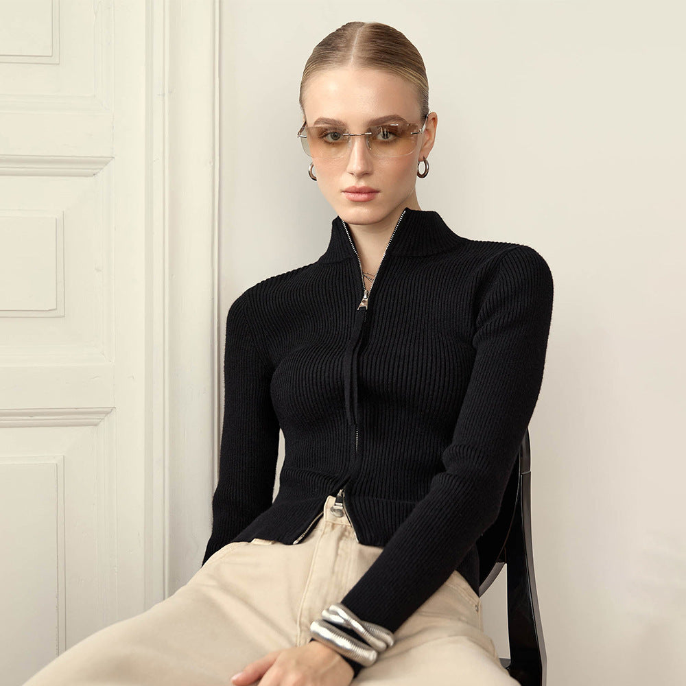 Stand-up collar slim-fitting long-sleeved jacket European, American autumn and winter new double zipper cardigan warm knitted jacket women sweater