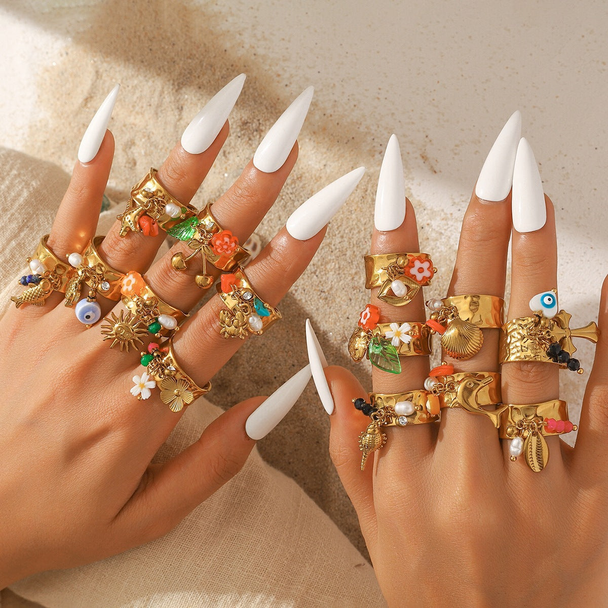 Malt European and American Stainless Steel Holiday Wind Opening Ring Conch Starfish Shell Pearl Blossom Cherry Rings Hand Jewelry