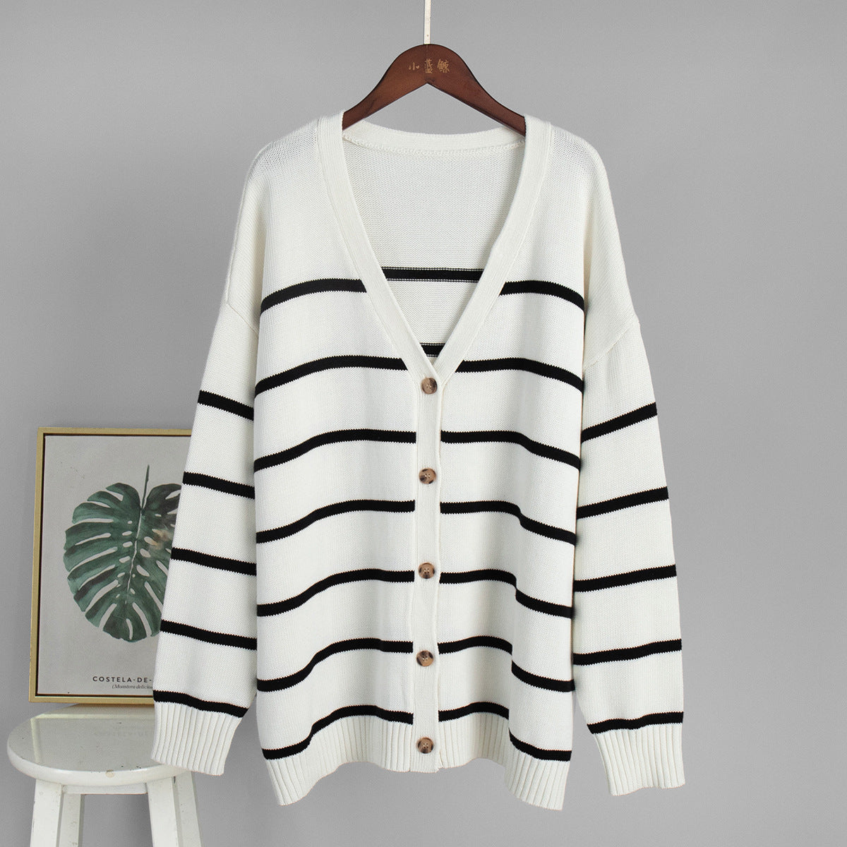 Striped knitted cardigan women's European, American autumn and winter new V-neck cardigan sweater pure cotton striped sweater women