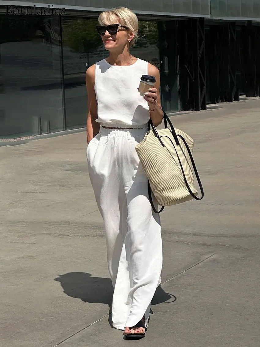 Cross-border cotton and linen set, European and American summer short sleeveless elastic waist top + trousers slit two-piece set suits