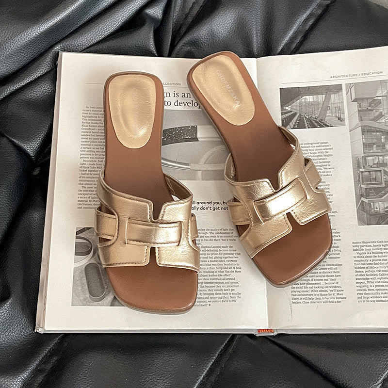French retro temperament flat bottom one-word open-toe slippers women's spring and summer new versatile casual cool slippers