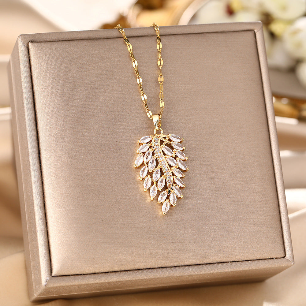 Titanium Steel Necklace Female Leaf Copper Inlaid Zircon Pendant Feather Leaf Clavicle Chain Love Wing Ornament