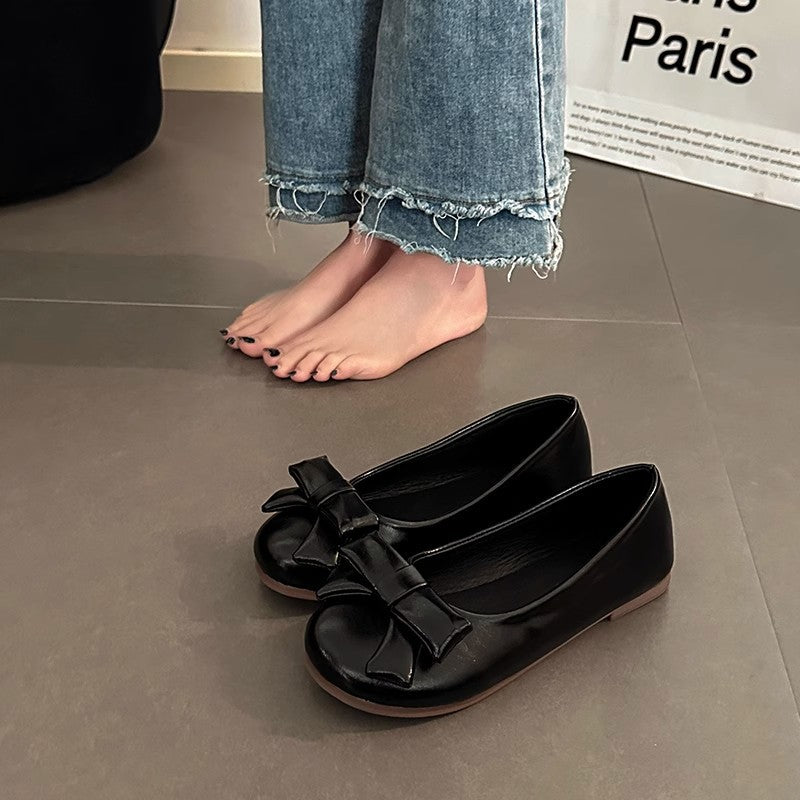 48 hours delivery, new Korean version of gentle temperament, round head, shallow mouth bow, versatile four-season single beanie shoes, flat women's shoes