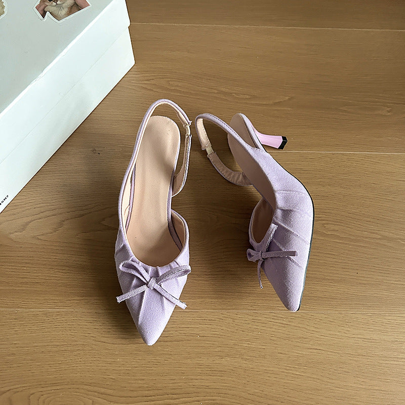 French temperament pointed head wrinkled head empty sandals women's spring new bow gentle high heel single shoes