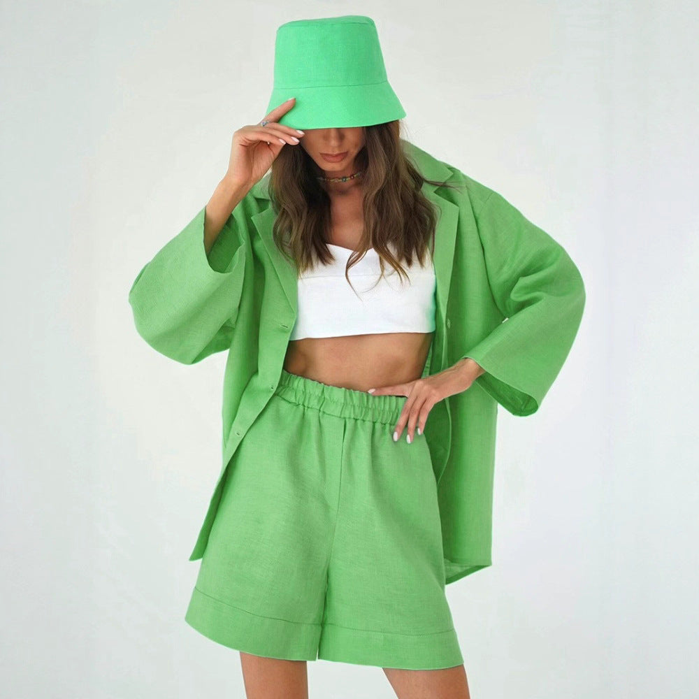 Pure cotton shorts set for women's European and American summer lapel loose single-breasted shirt + high-waisted straight-leg pants two-piece set suits