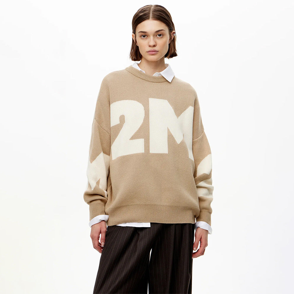 Alphabet sweater European, American autumn and winter knitting fashionable versatile contrasting color temperament round neck loose letter sweater