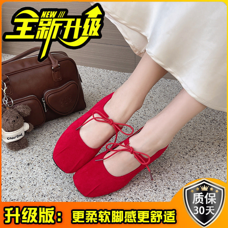 Vintage casual inner heightening single beanie shoes women's summer lace-up bow leather shoes comfortable ballet Mary Jane shoes