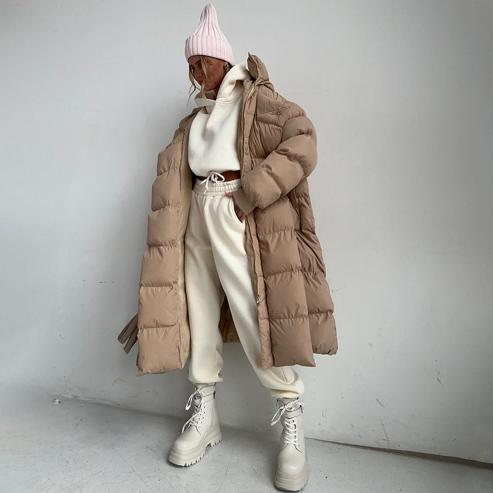 Long cotton clothes, European and American winter new temperament warm thickened hidden button long hooded cotton jackets