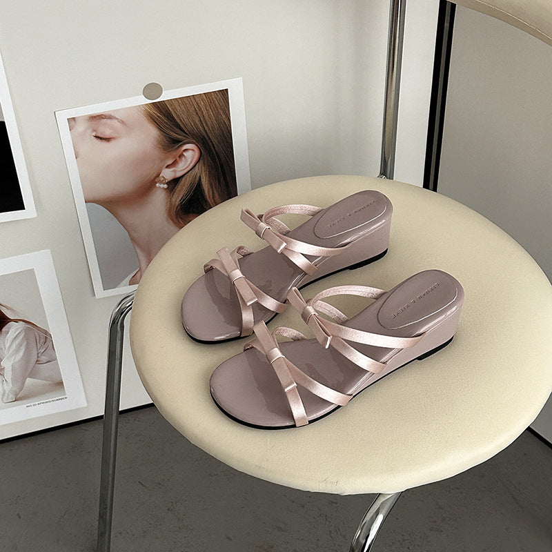 Fashion tribe fairy style bow thick bottom heightening slippers women's outer wear new summer open-toed sandals