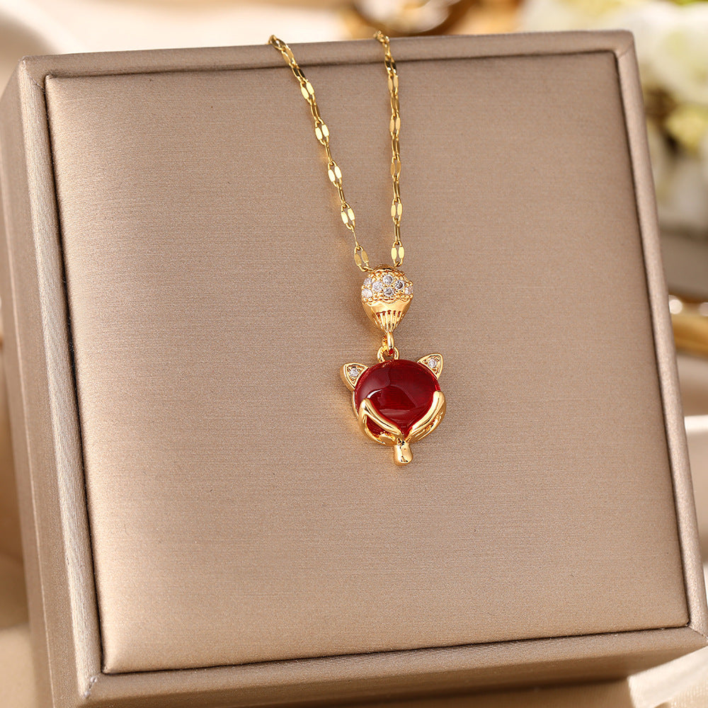 Douyin Internet celebrity titanium steel necklace female opal fox pendant trendy fashion collarbone chain diamond sweater chain jewelry