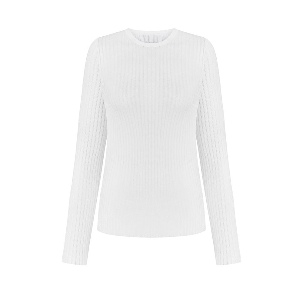 Hollow knitted sweater European, American spring and summer sexy slim-fitting wool round neck long-sleeved thin pit strip knitted sweater