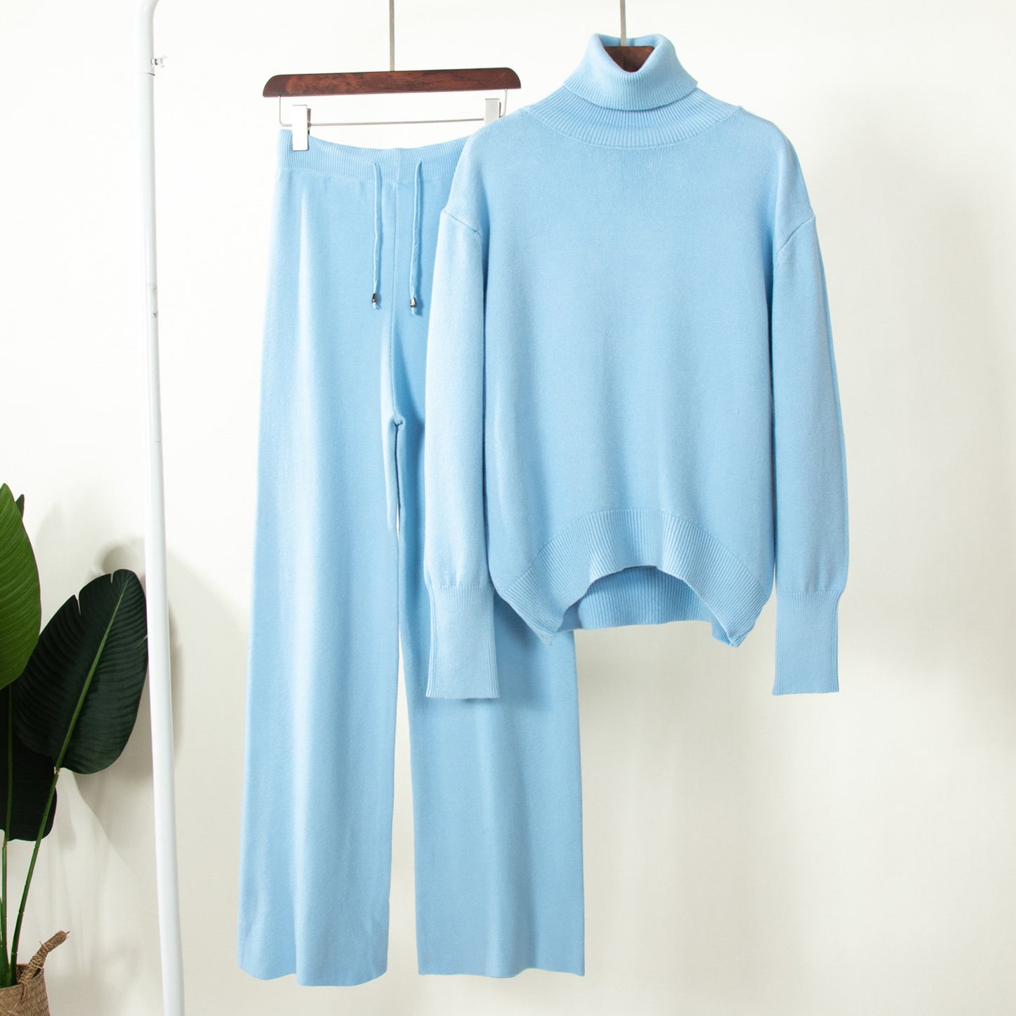 Cross-border solid color turtleneck sweater + wide-leg pants knitted two-piece set, European and American winter versatile loose sweater set suits