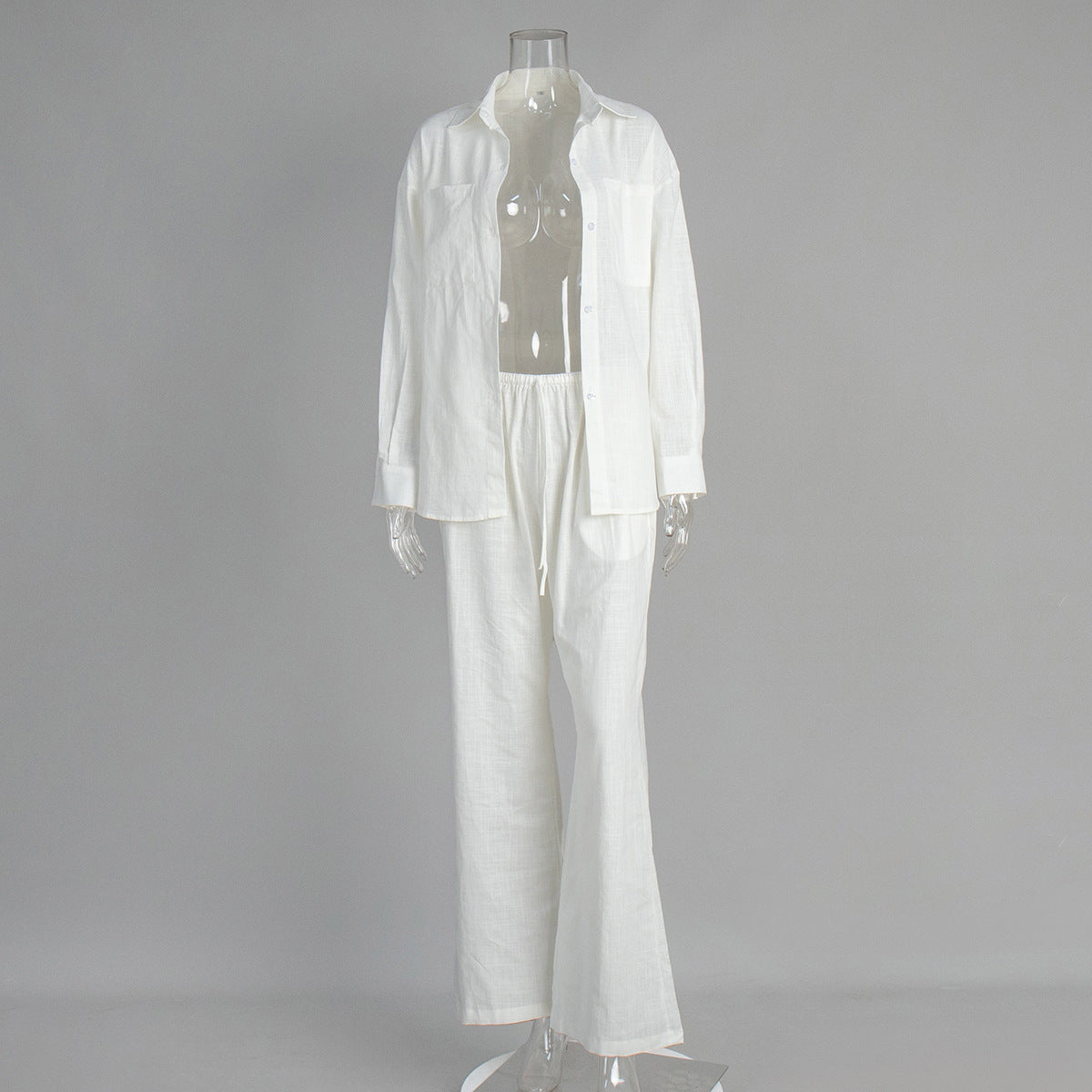 Pure cotton long-sleeved shirt wide-leg trousers set European and American summer solid color micro-pull trousers casual suits