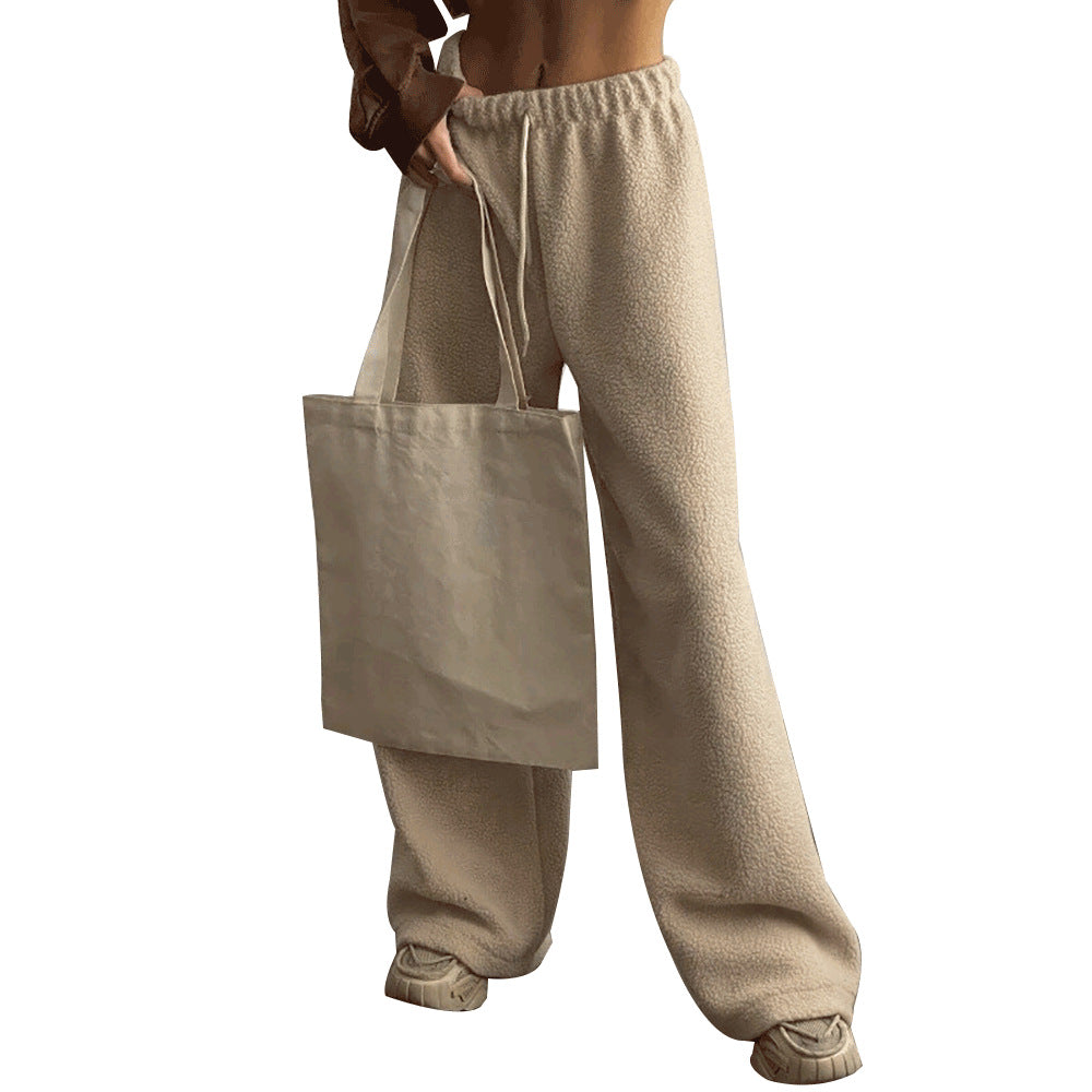 Lamb wool wide-leg trousers European, American autumn and winter new women's casual temperament commuter loose straight-leg trousers pant
