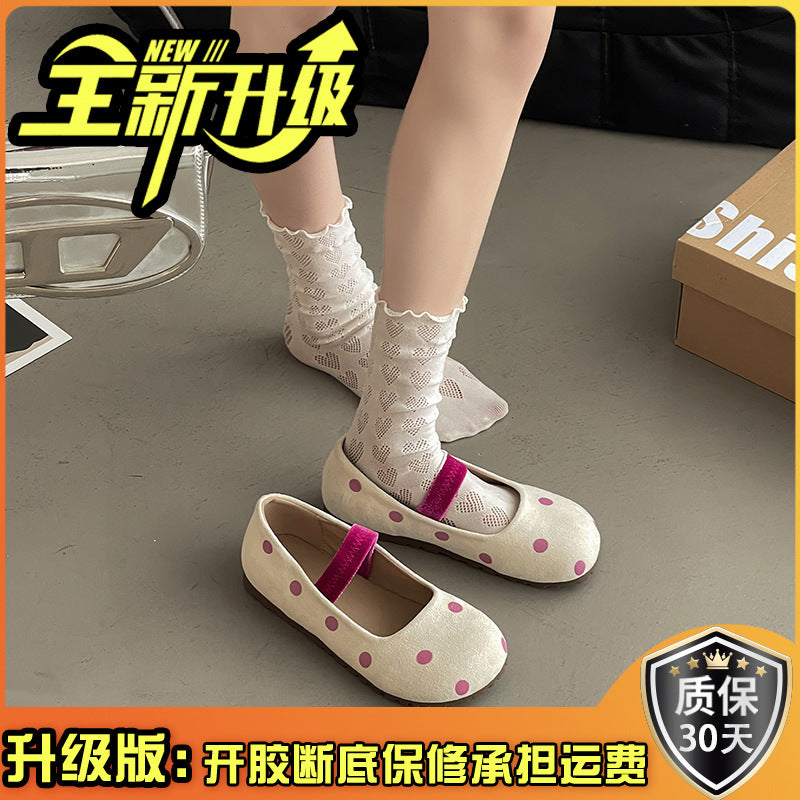 Shallow mouth Mary Jane single shoes children's spring and summer new fairy wind ballet polka dot flat beanie shoes