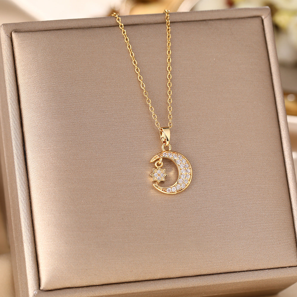 Titanium steel necklace female personality trend slightly inlaid zircon geometric stars moon collarbone neck chain jewelry