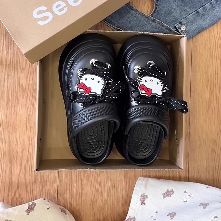 Cute cartoon Hello Kitty hole shoes women's summer new thick-soled muffin bottom sweet strap bag head slippers