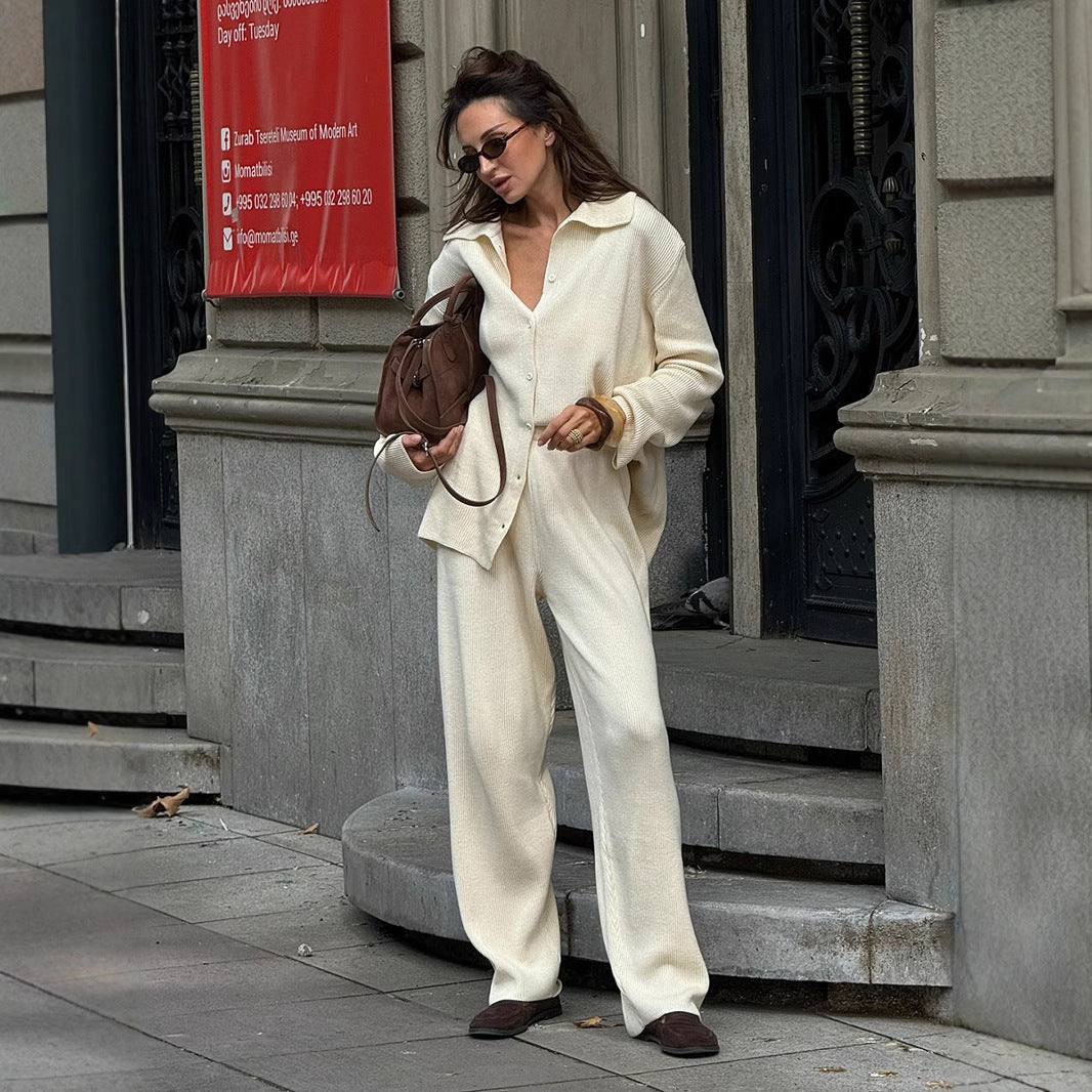 Lapel long-sleeved knitted set, European, American autumn and winter new temperament loose commuting pit strip sweater set suits