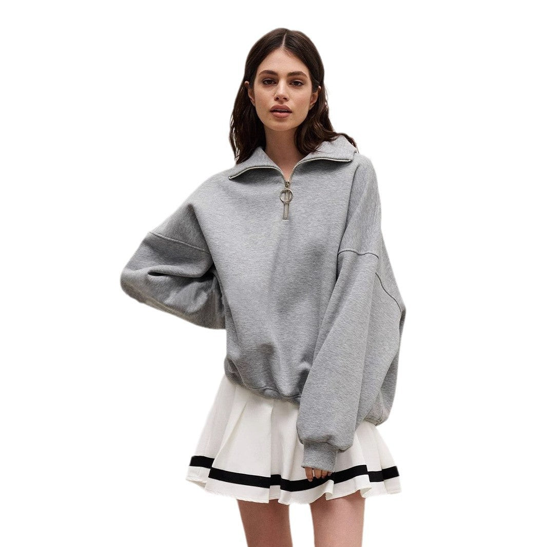 Lapel sweater European, American autumn and winter women's neutral style fashion street trend loose lapel zipper sweater