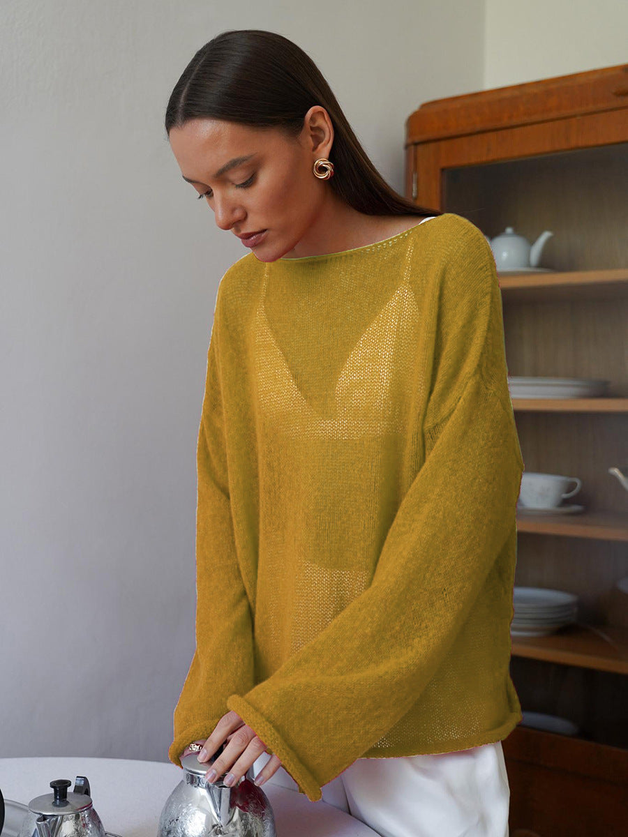 Hollow knitted sweater European, American spring and summer new women's perspective thin large round neck horn sleeve knitted T-shirt