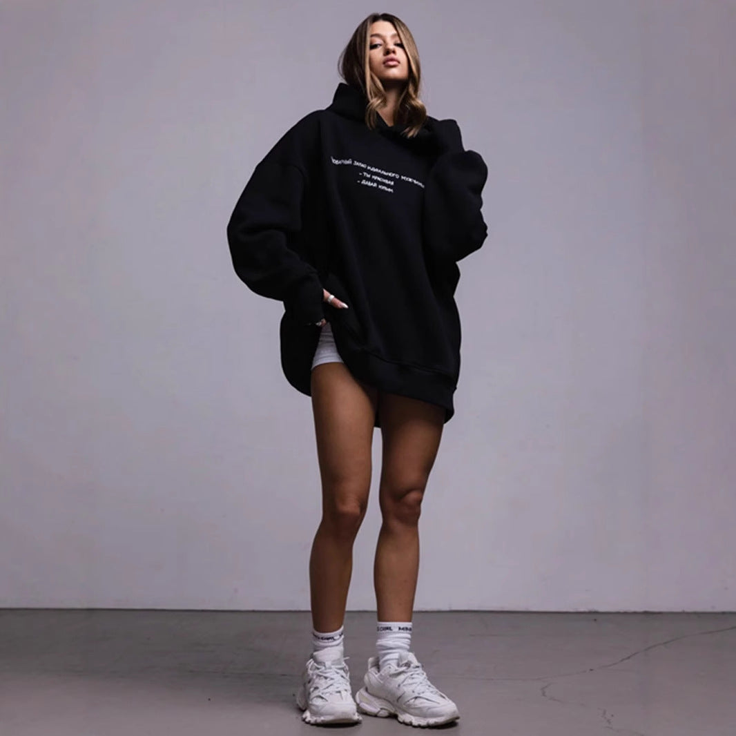 Letter printed hooded sweater European and American street trend oversize women's printed hooded sweater