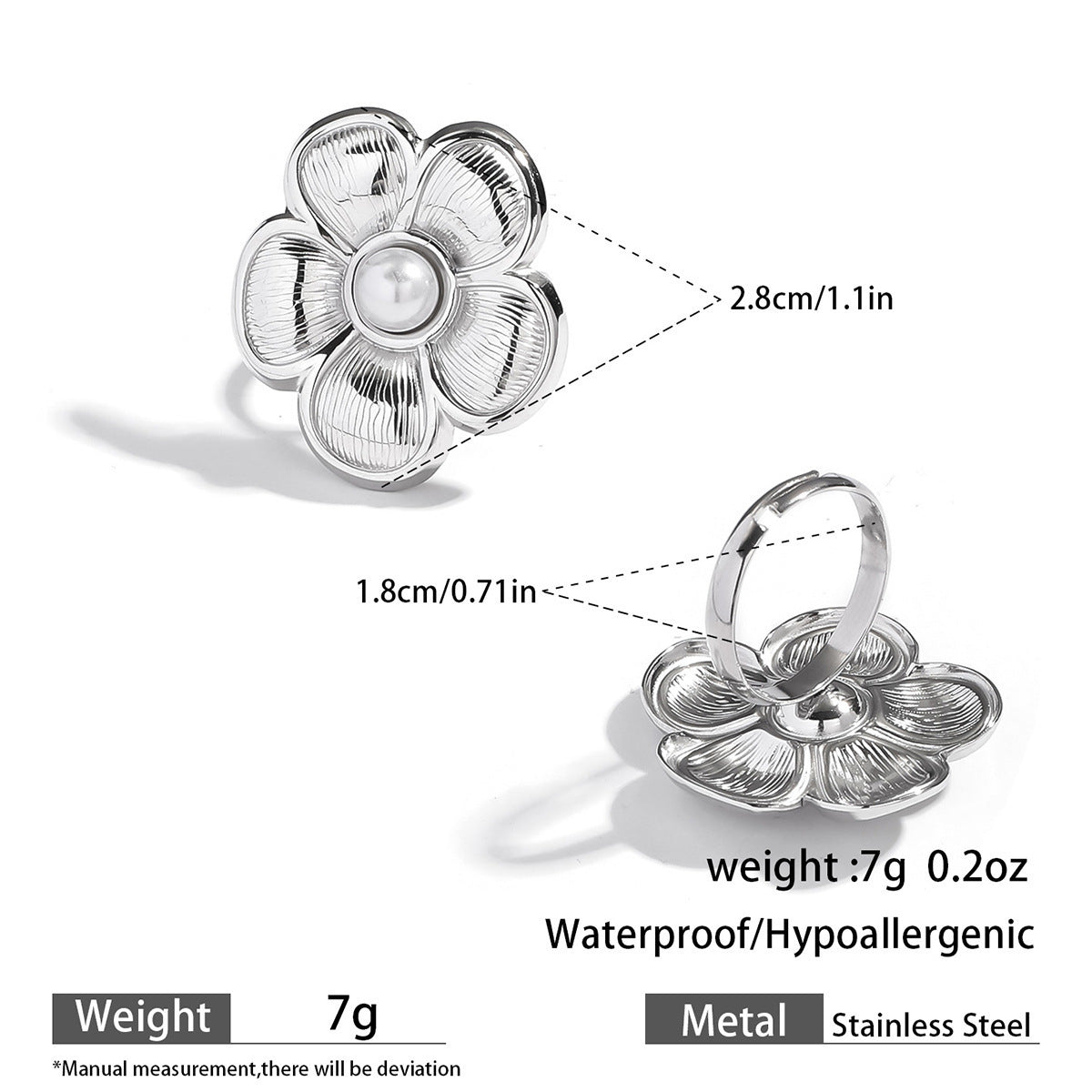 Malt stainless steel flower pearl ring exaggerated high-end ins ring titanium steel non-fading hand jewelry rings