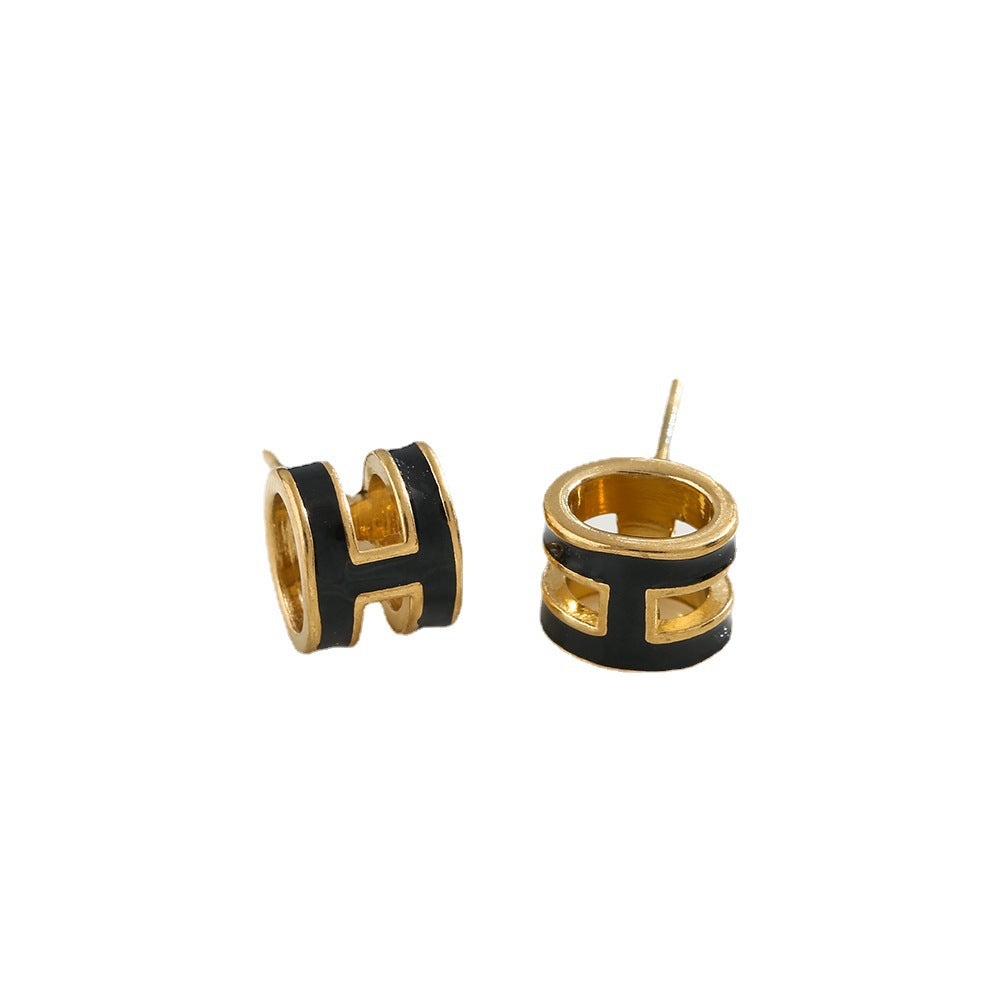 European and American cross-border drip glaze enamel three-dimensional letter H stud earrings 925 silver needle French retro earrings temperament earrings jewelry