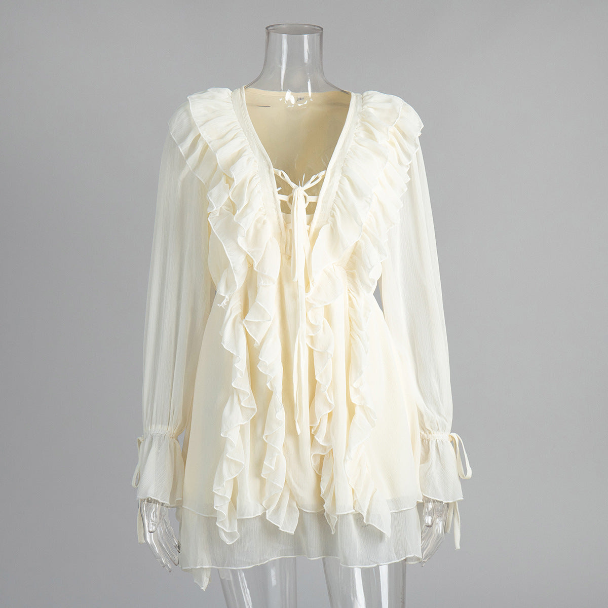Chiffon long-sleeved dress European and American spring new lantern sleeve lace-up short skirt ruffle leaf edge dress