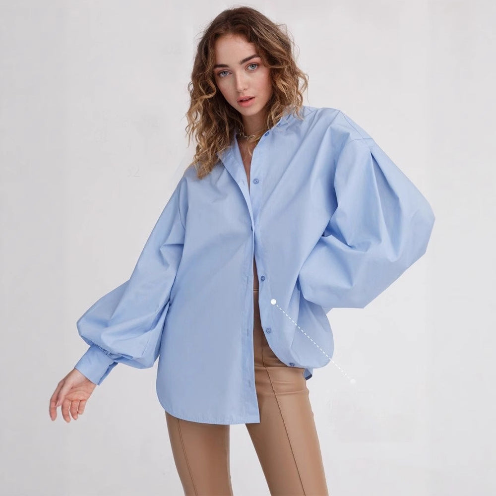 Lantern sleeve solid color shirt European and American spring and summer temperament Royal sister commuting versatile loose round neck shirt t-shirts