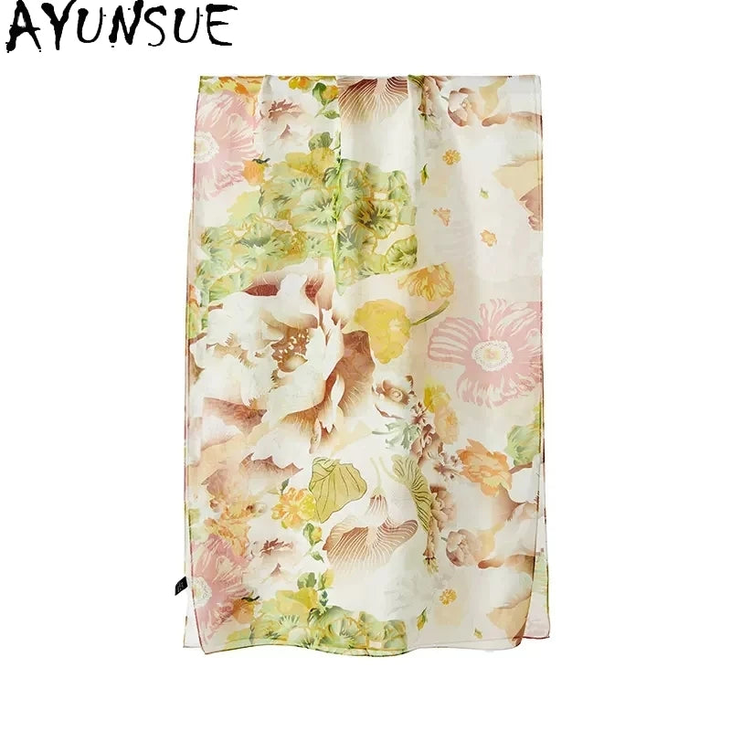 AYUNSUE, 8MM 100%Mulberry Slik Shawls, 170cm Women Floral Printed, Gifts Original Design Scarf, Spring Autumn