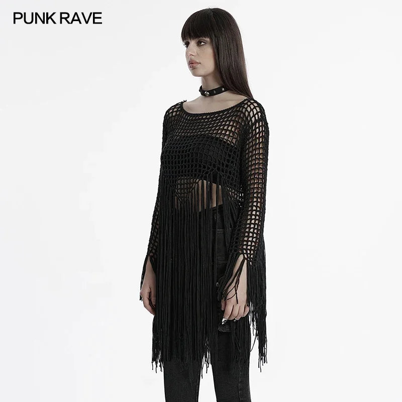 PUNK RAVE Women's Gothic Sexy Hollow Out Tassels Sweater Decadent Personalized Pointed Design Dark Loose Tops Pullovers