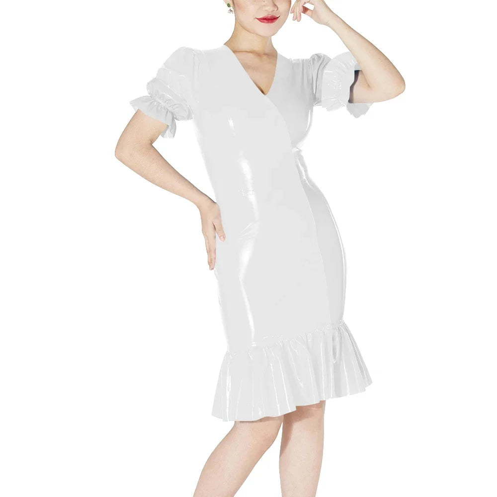 Plus Size Knee-length Patchwork Dress Glossy Faux Leather Party Bodycon Short Sleeve Dress Back Zipper Ruffles Hem Womens Dress