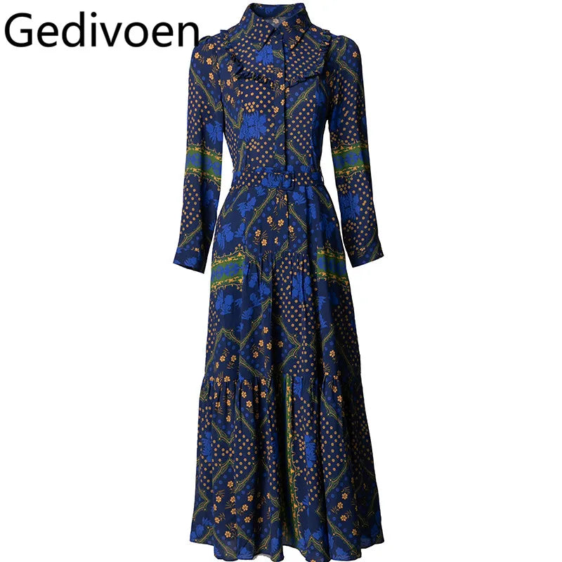 Gedivoen Fashion design Women's Summer Dress Turn-Down Collar Single-Breasted Chic Print Dresses With Long Sleeves