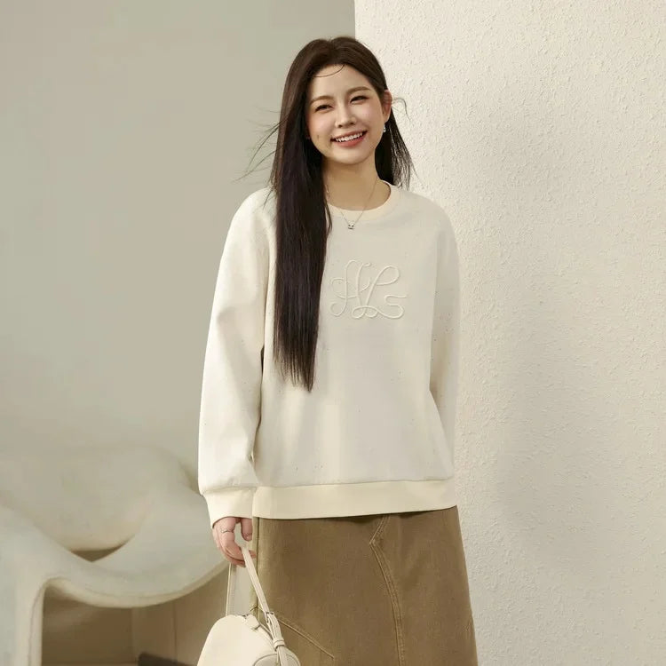 Elegant Embroidered Plus Size Slimming Sweatshirt For Women Sensible Design Age-Reducing Crewe Neck Autumn Collection New Arriva sweater