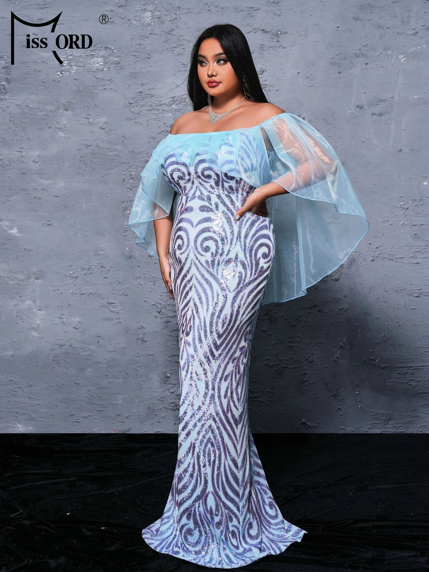 Missord New Plus Size Off Shoulder Batwing Sleeve Sequin Mermaid Evening Gown Wedding Birthday Party Prom Dress
