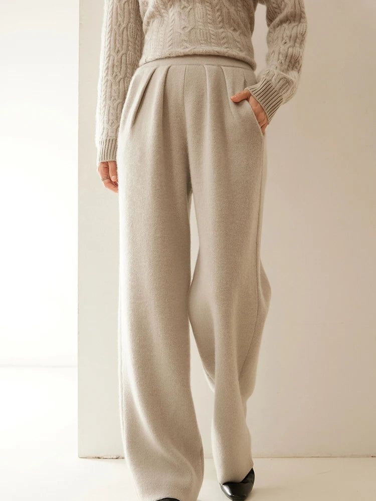 High Quality Women 100% Cashmere Pants Pleated Waist Wide Leg Pant Casual Simple Style Autumn Winter Cashmere Knit Trousers