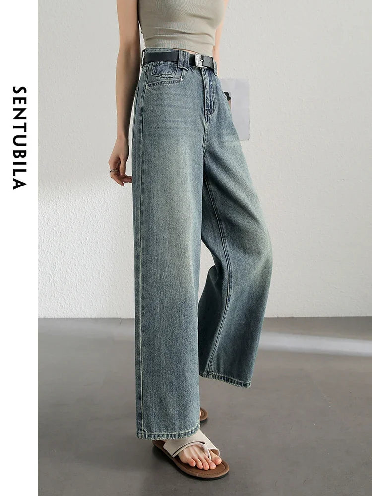 SENTUBILA Retro Washed Cotton Baggy Jeans Woman Summer Fashion Wide Leg Denim Pant Comfort Casual Women Trousers