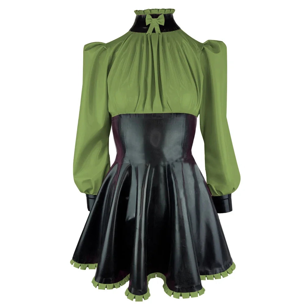 Plus Size High Neck Bow Patchwork Black Faux Latex Mini Dress Women Long Sleeves Slim Fit Ruffled A-line Dress Cocktail Gown