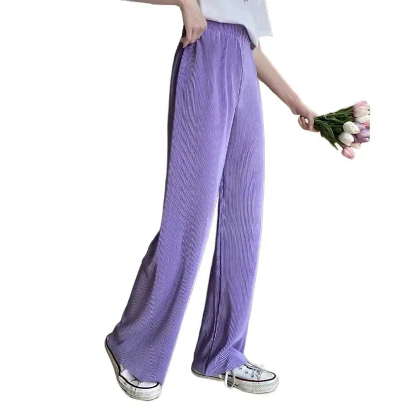 Summer Women Wide Leg Pant Fashion Loose Long Pants Boho Beach Pants Solid Pleated Trousers Elastic High Waist Pant Plus Size